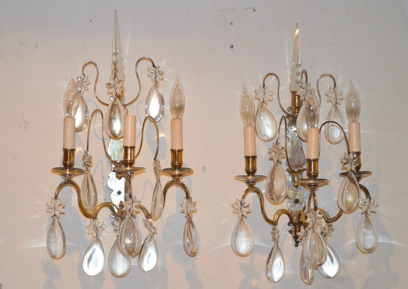 Pair of Antique Louis XV Style Silvered Glass Sconces circa 1800s (19th Century). French Silvered and Cut Glass Sconces.