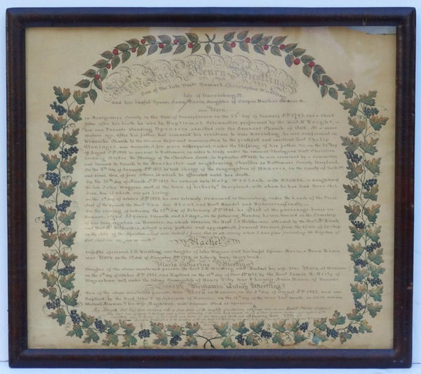 Framed Antique Folk Art Watercolor Drawing of a Family Record circa 1800s (19th Century) from Montgomery City Pennsylvania in 1826 is An extraordinary piece of American Folk art.