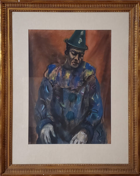 Gold Framed Pastel Painting of A Clown signed and dated 1943 by Samuel Brecher