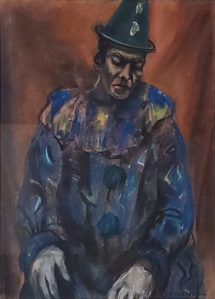 Gold Framed Pastel Painting of A Clown signed and dated 1943 by Samuel Brecher