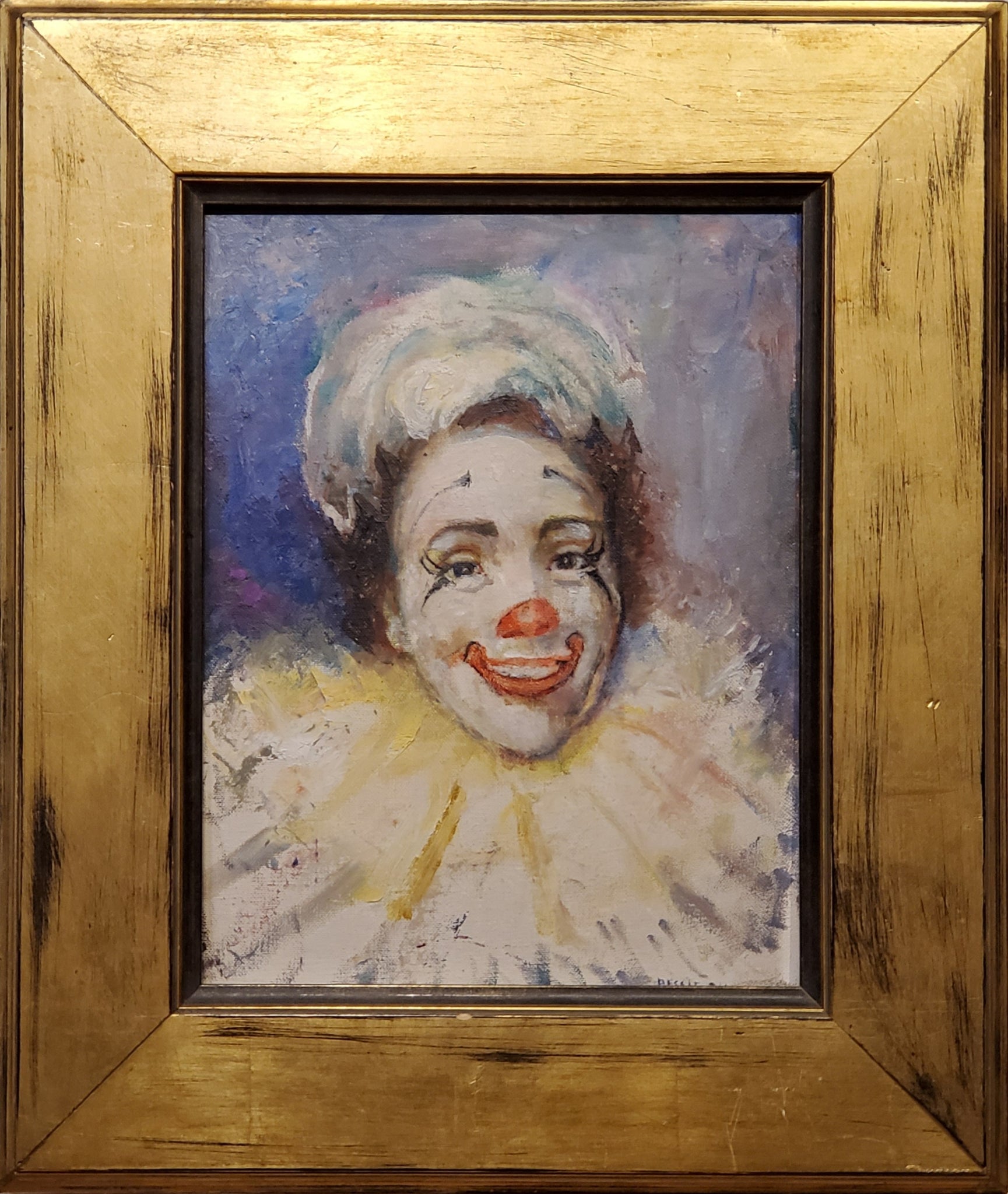 Gold Framed Vintage Oil Painting of a Clown signed by Bessie Howard circa 1935.