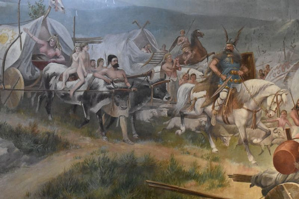 Large Antique Landscape Oil Painting of Viking Conquest circa 1890 (19th Century).