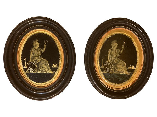 Pair of Framed Antique Oval Eglomise Panels of Classical Figures circa 1800s (19th century).