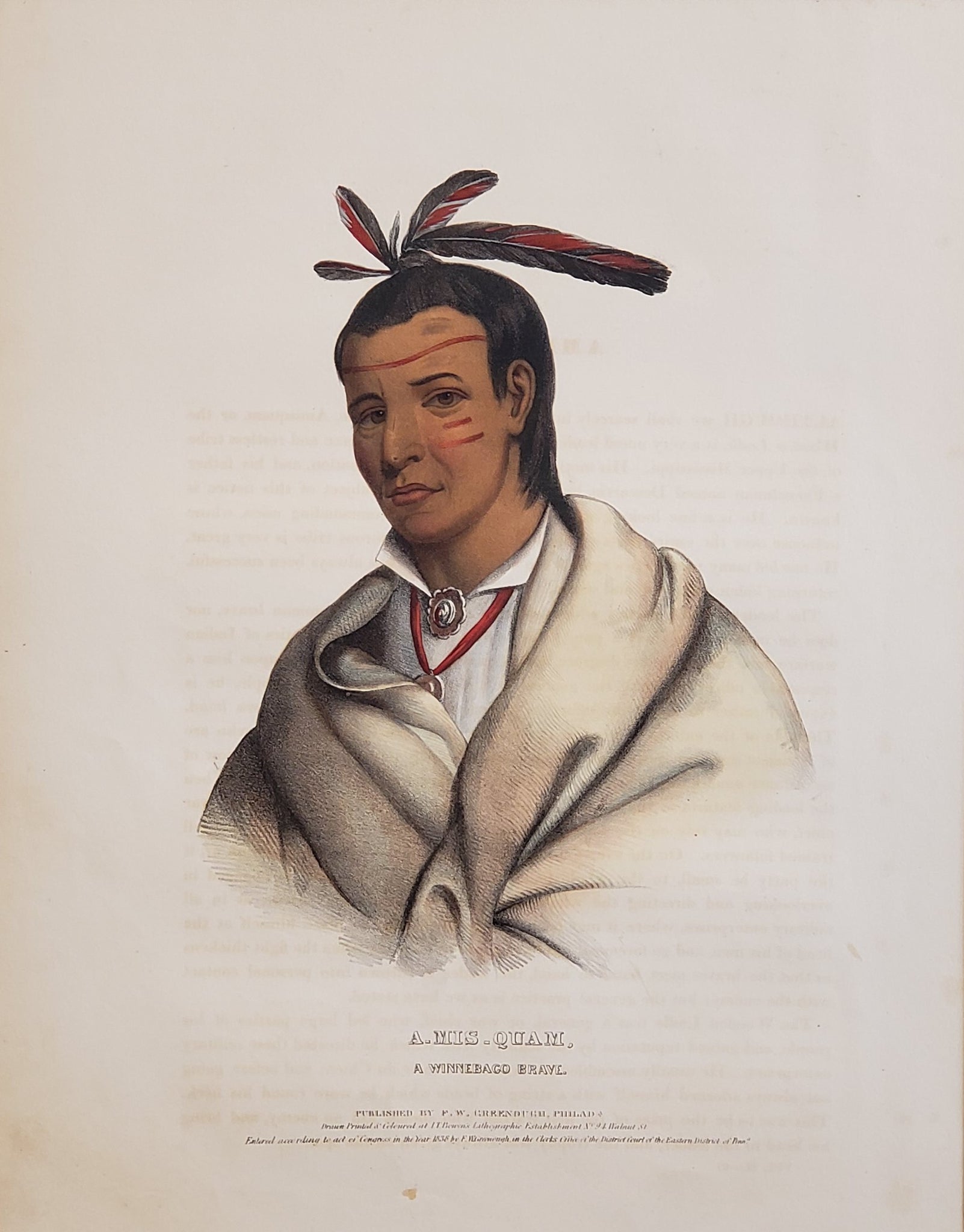 Antique Native American Art Print Portrait of A Winnebago Brave circa 1838 (19th century) by McKenney and Hall and was included in the book History of the Indian Tribes of North America.