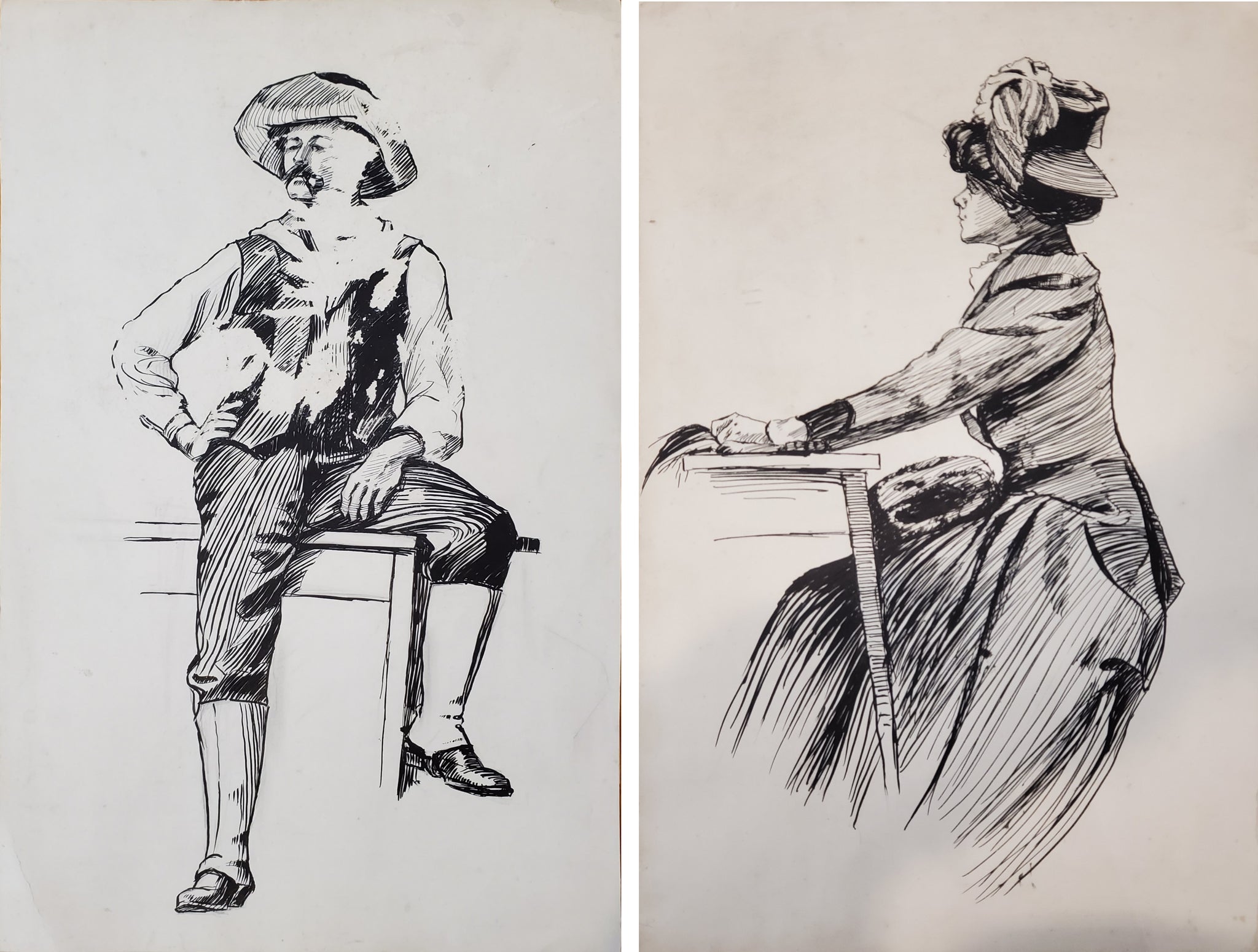 Pair of Antique American School Drawings circa 1900 featuring the fashion of a man and a woman at the turn of the 20th century.