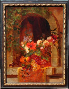 Framed Antique Oil Painting Still Life of Fruit and Flowers signed by Orren C. Richards, American born 1842 (19th Century).
