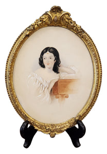 Gold Framed Antique Miniature Watercolor Painting of a Woman circa 1800s (19th Century).