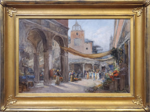 Antique Landscape Oil painting Rialto Outdoor Market Venice Signed by Walter Francis Brown (1853-1929). 19th Century painting for sale.