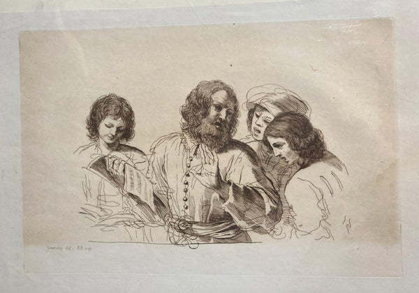Antique Old Masters Print Drawing of Music Teachers after Guercino circa 1700s.This 13 x 21 inch etching is titled The Music Teachers after Franceso Barbieri called Guercino (1591-1666) exposing the fashion during the 17th century.
