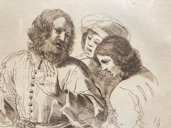 Antique Old Masters Print Drawing of Music Teachers after Guercino circa 1700s.This 13 x 21 inch etching is titled The Music Teachers after Franceso Barbieri called Guercino (1591-1666) exposing the fashion during the 17th century.