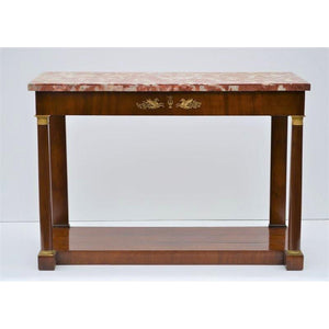 Antique Italian Classical Mahogany Marble Top Console Table circa 1820 (19th Century). This side table has gilt bronze mounts, a laminated marble top, and bears the label of the apparent maker in Florence Italy.