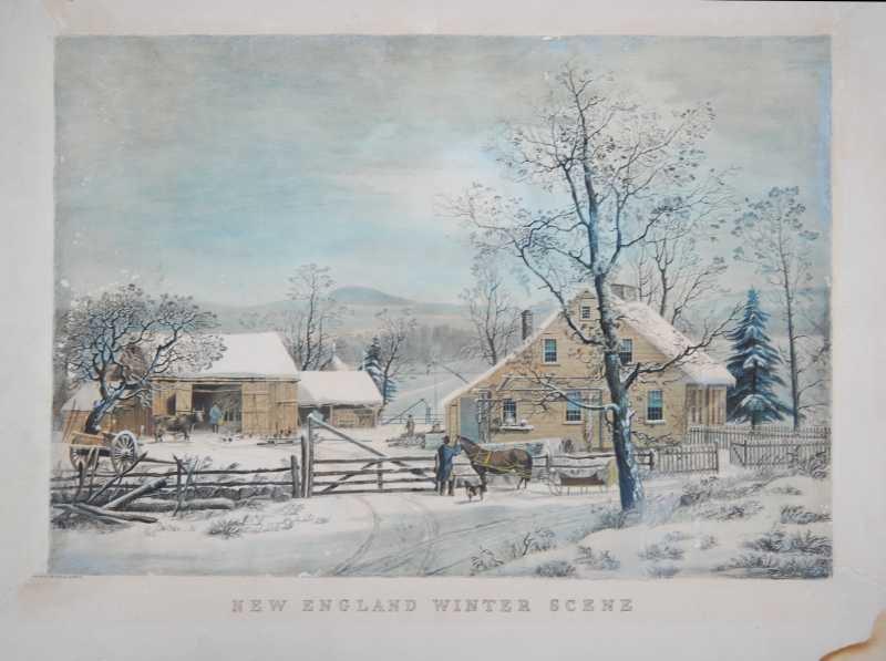 Antique Art Print of a Snowy Landscape Print after Currier & Ives (1834-1907), circa 1920.