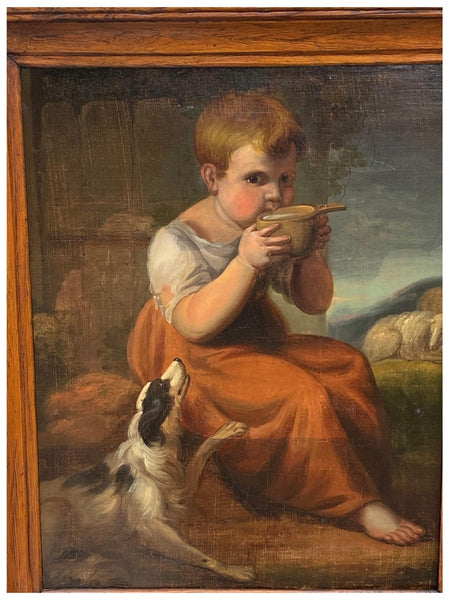 Framed Antique Oil Painting English School of a Child and a Dog circa 1840 (19th century).