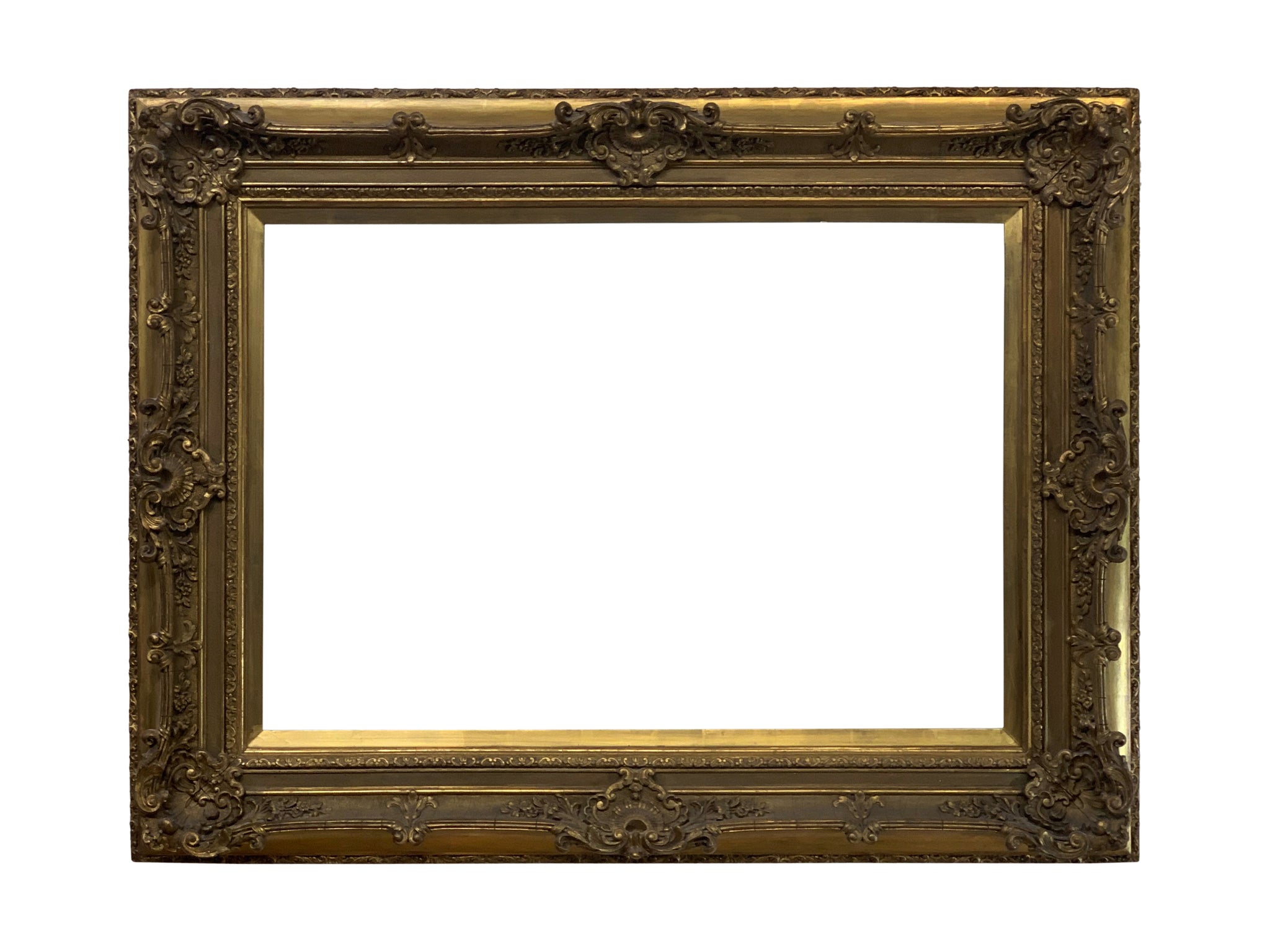 American Louis XV style 22 x 32 gilded gold leaf picture frame for canvas art, circa 1880.