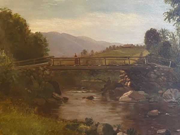 Gold Framed Antique American Landscape Oil Painting by George Frank Higgins (b. 1850) depicts a waterfall and people on a bridge by a stream.