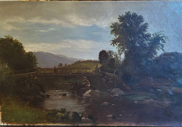 Gold Framed Antique American Landscape Oil Painting by George Frank Higgins (b. 1850) depicts a waterfall and people on a bridge by a stream.